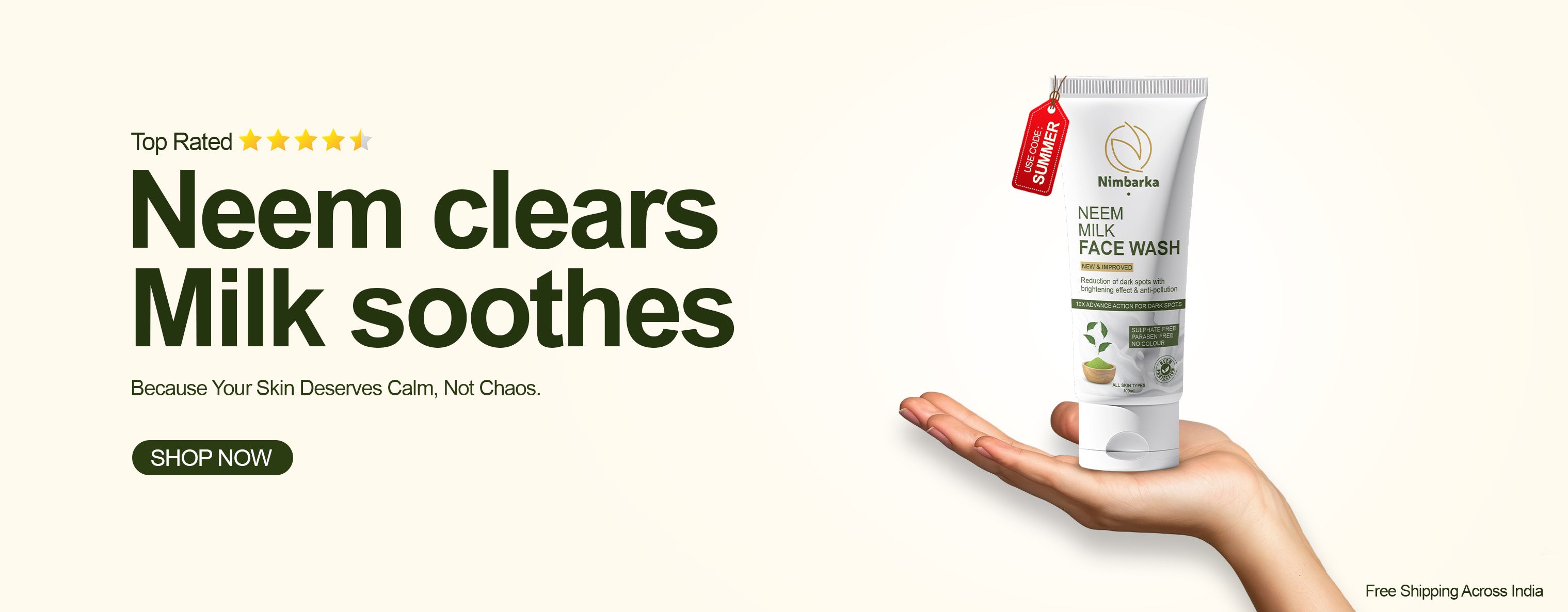 Neem face wash tube held in a hand with promotional text on a beige background