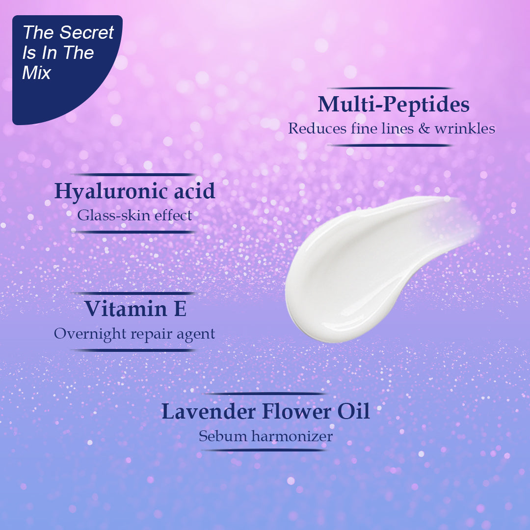 Skincare product with ingredients listed on a purple background