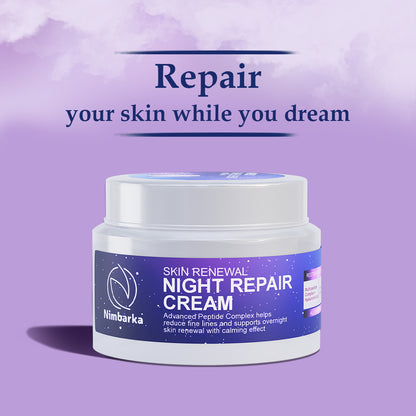 Jar of skin renewal night repair cream with a purple background and text.